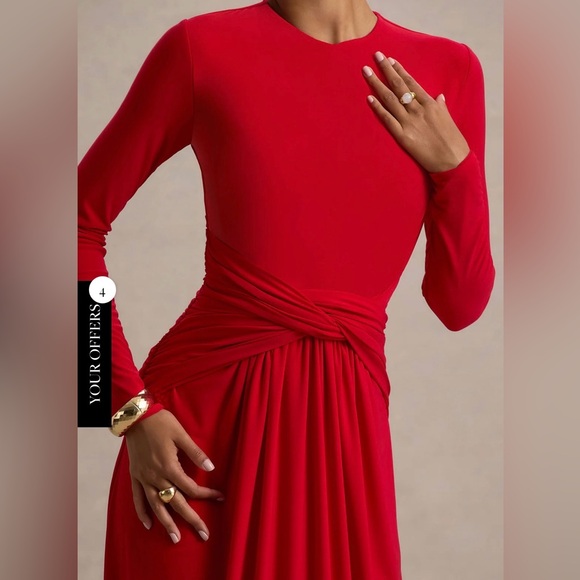 Club London ESTRELLA Red High-Neck Maxi Dress With Ruched Detailing - Picture 3 of 16